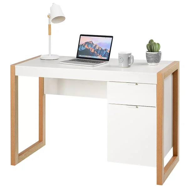 Computer Desk with Storage Cabinet Pull-out Drawer Stable Thick Legs for Bedroom White/Black