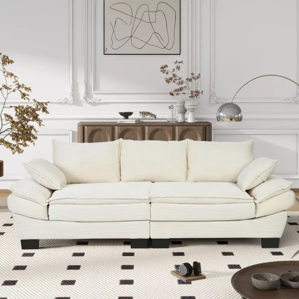 85.4"W Curved Sofa Couch, Corduroy Upholstered Wooden 3 Seater Sofa with 2 Throw Pillows 4S -ModernLuxe