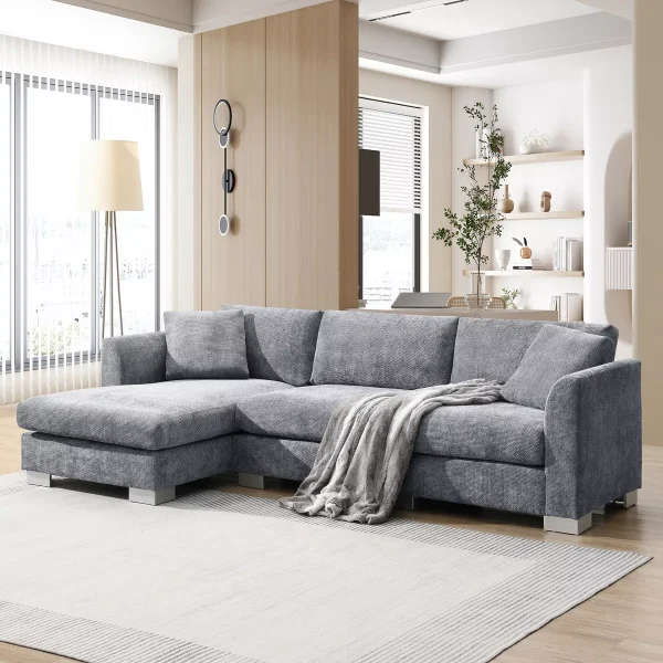 Modern Oversized Sectional Sofa, L-shaped Luxury Couch Set with Chaise and 2 Pillows