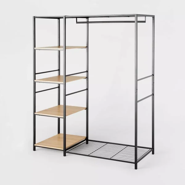 Freestanding Wardrobe Black Metal with Natural Wood