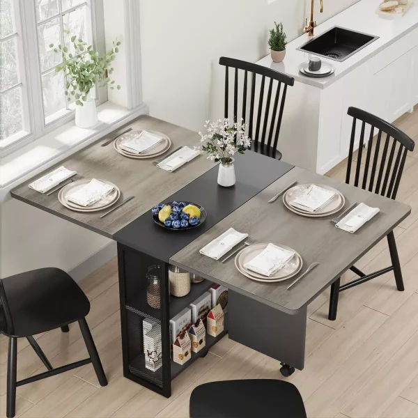 Folding Dining Table, Drop Leaf Dining Table with 6 Wheels and 2-Layer Storage Shelf, Space Saving Dining Table for Small Spaces