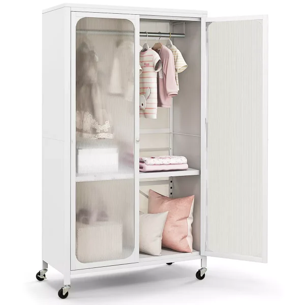 Storage Wardrobe Cabinet Mobile Armoire Closet with Hanging Rod & Adjustable Shelf