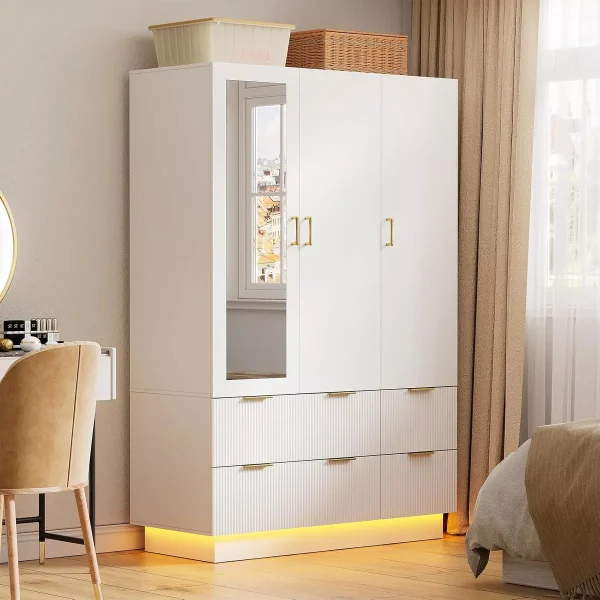 47"Wide White Armoire Wardrobe Closet with 3 Door, Mirror, LED Lights, Hanging Rod and 6 Drawers