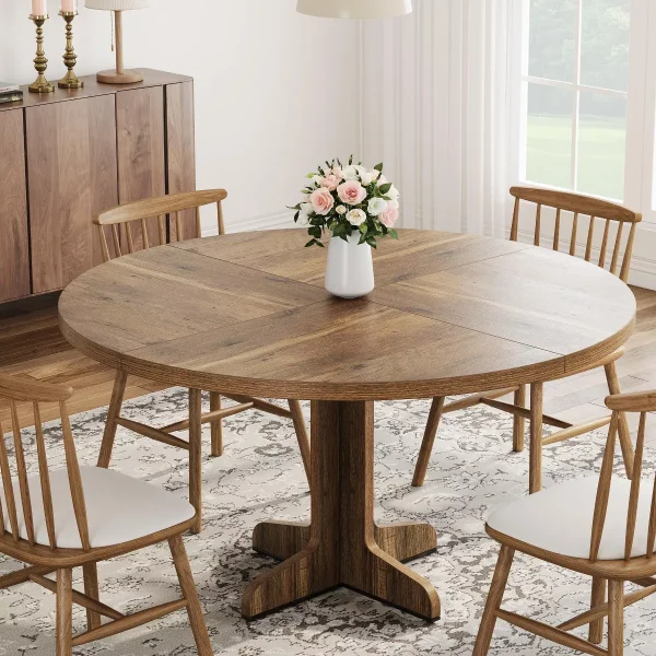 Round Dining Table for 4-6 People, 47 Inch Farmhouse Kitchen Table with Wooden Tabletop and Stable Base, for Dining Living Room,(Only Table)
