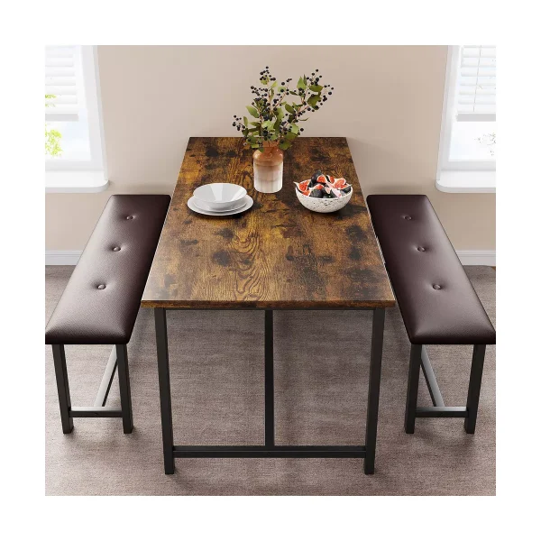 Dining Table Set, Kitchen Table and 2 Upholstered Benches, Rectangular Dining Room Table Set for Small Space, Apartment, Studio, Home, Rustic Brown